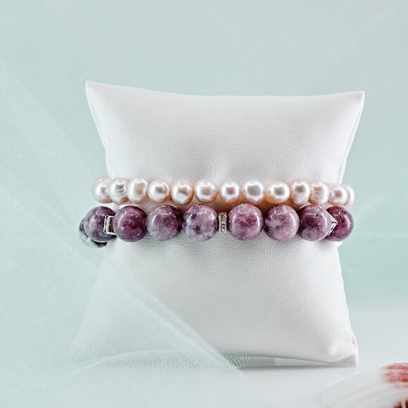 Pearl & Lepidolite Dainty Bracelet Set, Set of 2 Stretch Bracelets - Picture 4 of 11